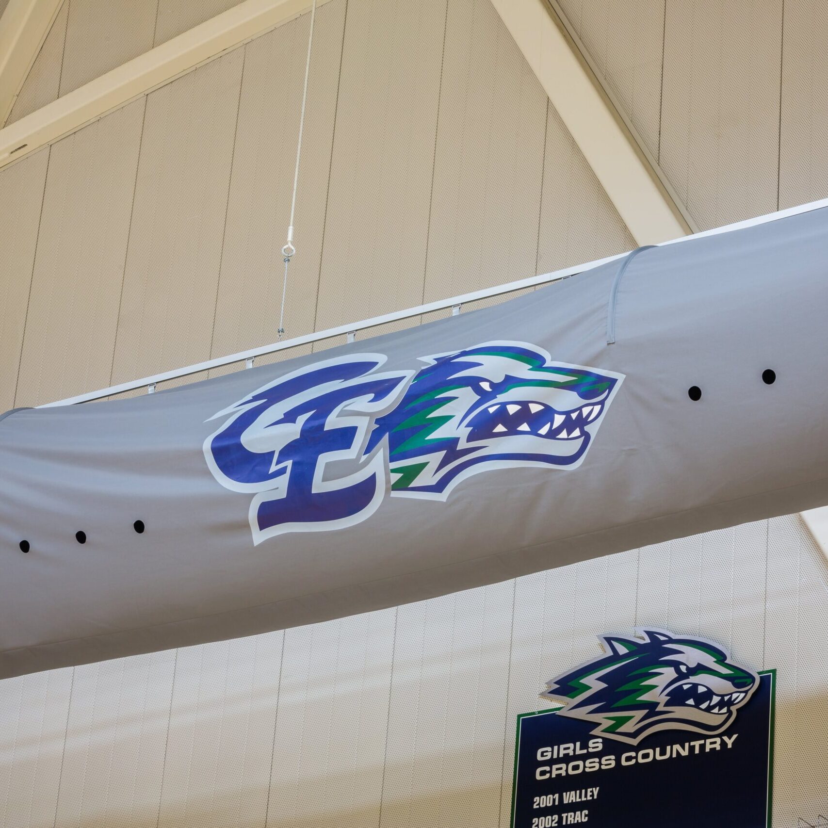 A close-up shot of a large, cylindrical air duct hanging from the ceiling of a gym. The duct is covered in a gray fabric with a large logo on it. The logo is a stylized wolf head with the letters "CE" (for Clovis East) in front of it.
