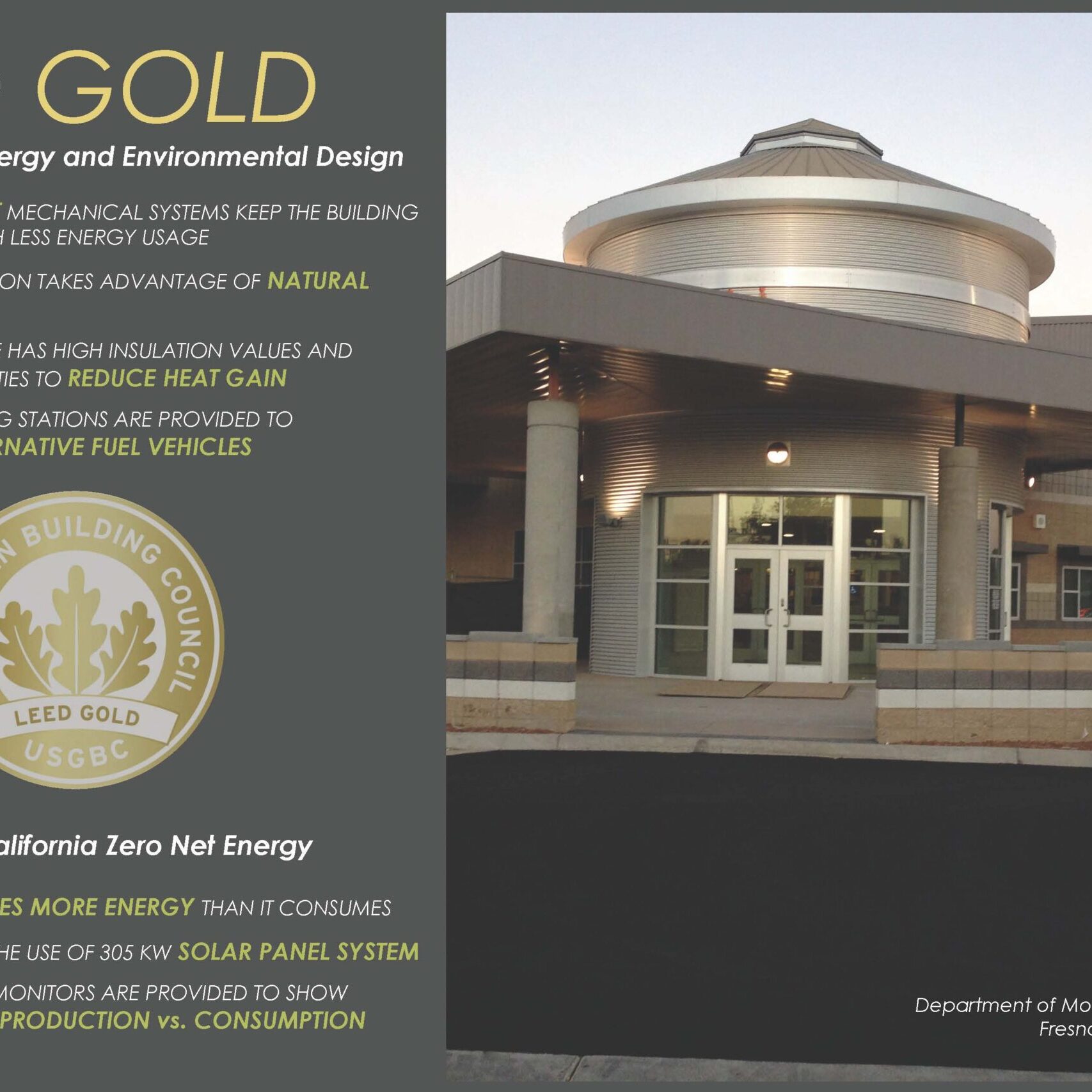 A poster promoting the LEED Gold and California Zero Net Energy (ZNE) certifications for a DMV building. The left side lists features like high-efficiency mechanical systems, natural daylighting, building envelope insulation, and electric charging stations. Below this, it highlights the ZNE certification, mentioning the building produces more energy than it consumes with a 305 kW solar panel system. The right side of the poster shows a photograph of the modern, circular-fronted building at dusk.