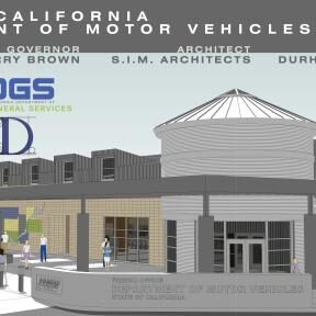 A digitally-rendered architectural drawing of the new DMV building. The image shows the building's exterior with its prominent circular rotunda entrance and multiple windows on the second level. Text at the top identifies the project: State of California Department of Motor Vehicles Fresno, and lists the key partners: Governor Jerry Brown, Architect S.I.M. Architects, and Contractor Durham Construction. Various company logos are also displayed.