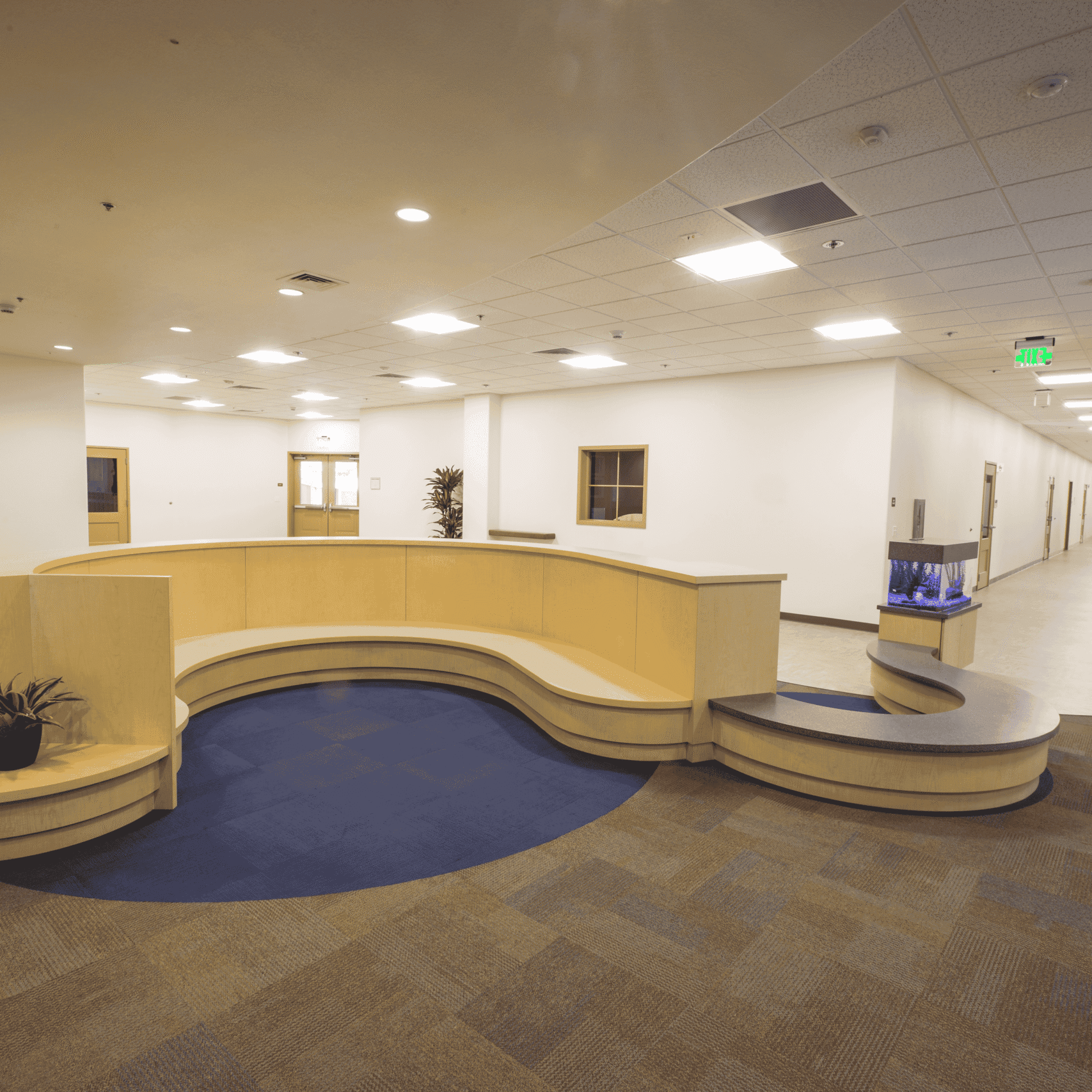 An inviting interior view of a wide hallway or lobby. A large, curved, light-wood bench with a dark-blue cushioned seat is the central focus. The bench is built around a circular blue rug. There is a small plant on a built-in shelf at the end of the bench and a blue, cylindrical aquarium on a matching wooden base at the other end. The hallway has a patterned carpet, white walls, and bright overhead lighting. In the background, there is a set of double doors and a long, empty hallway stretching into the distance.
